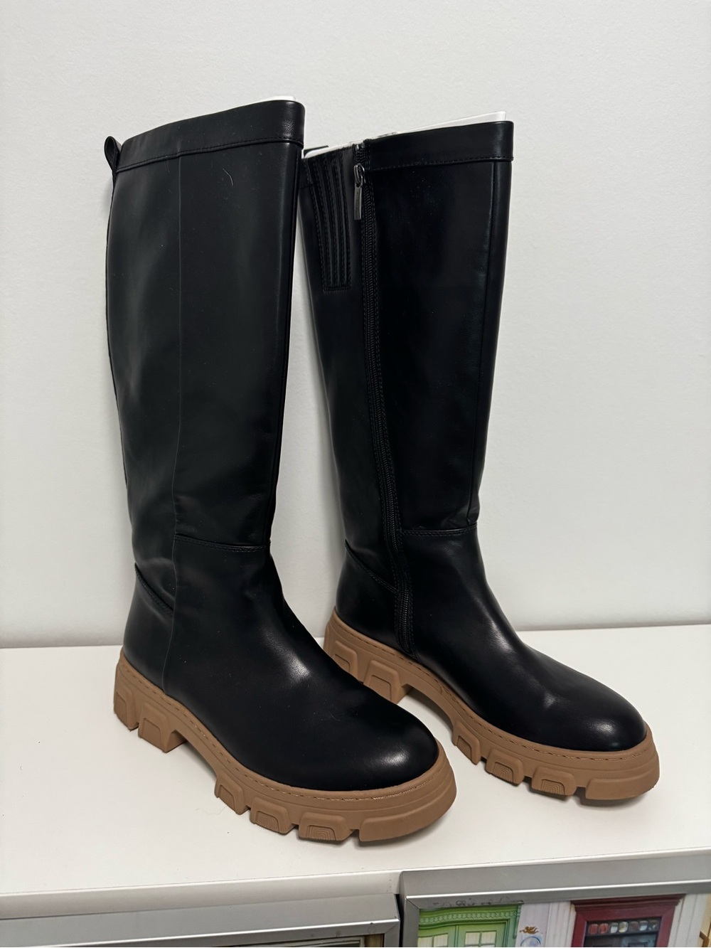 Black Knee-High Platform Moto Boots with Tan Lug Sole